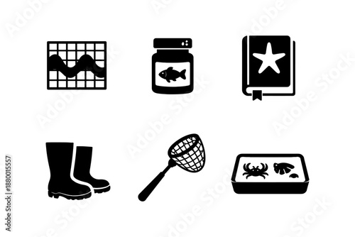 Silhouette marine adventure icons: fishing, boots, nature journal, and more