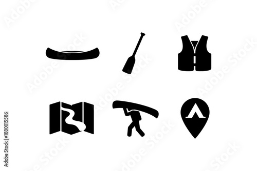 Outdoor adventure icons: canoe, paddle, life vest, map, hiker, tent marker