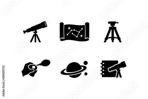 Astronomy icons: telescope, constellation map, and planet symbols in silhouette design