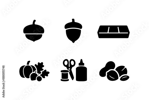 Silhouette icons of acorns, baking, autumn harvest, and crafting essentials