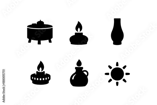 Collection of black silhouette icons featuring common household items and symbols