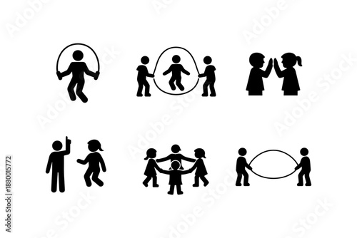 Silhouette icons of children engaging in various play activities and sports