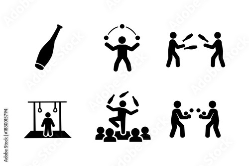 Juggling icons: performers, activities, and circus skills in simplified black and white design