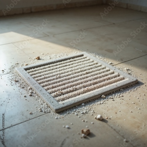 Photorealistic floor air vent covered with visible dust buildup