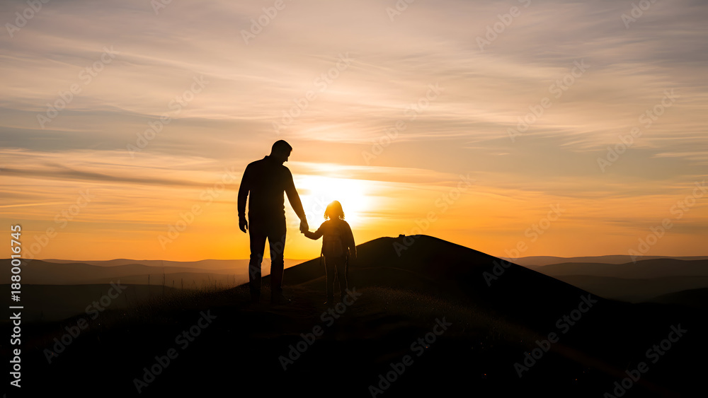 Obraz premium Silhouette of a man and child holding hands on hill at sunset with vibrant colors in the sky