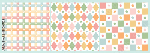 Groovy seamless patterns collection with flowers for digital paper, wallpaper, scrapbooking, stationery, wrapping paper, backgrounds, textile prints, kids apparel, etc. EPS 10