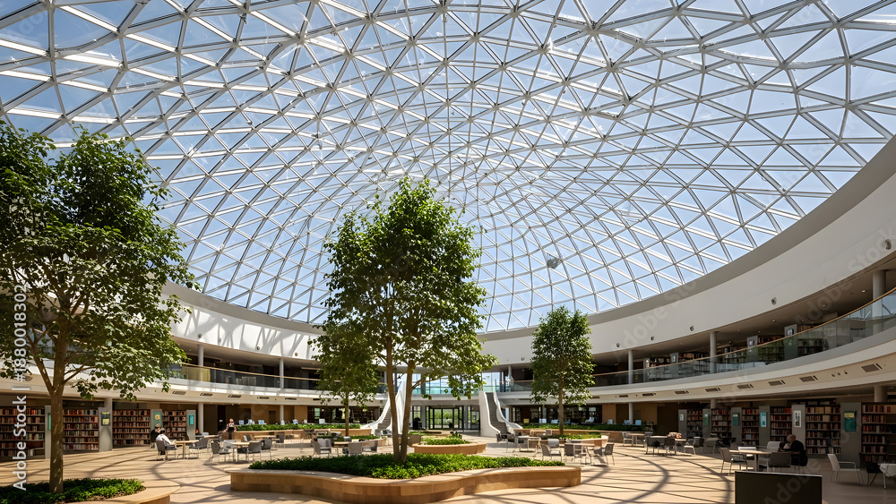 Fototapeta premium Large modern building with glass roof and trees inside a spacious atrium area with white background