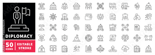 Diplomacy editable line icons set. global relations and peace symbols
