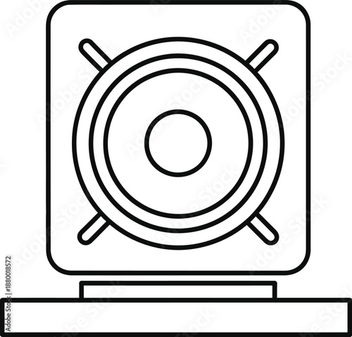 A minimal black line icon depicting a sound speaker or subwoofer on a white background.