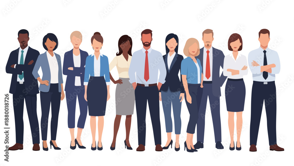 Obraz premium Flat vector illustration of a diverse group of professionals standing together in modern casual outfits. Clean shapes, simple design, solid colors, and a white background
