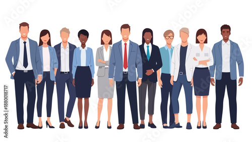 Flat vector illustration of a diverse group of professionals standing together in modern casual outfits. Clean shapes, simple design, solid colors, and a white background