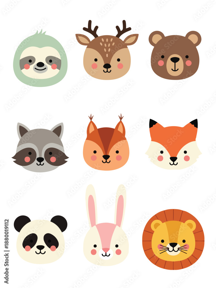 Fototapeta premium A cute flat vector set of forest animal faces with simple features, soft pastel colors, and a playful style on a white background