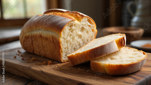A loaf of bread cut on a wooden cutting board in a kitchen  homemade bread  food