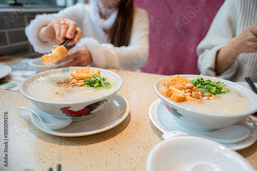 Photos Pork porridge with coriander and ginger or porridge is similar to rice porridge but softer in texture
