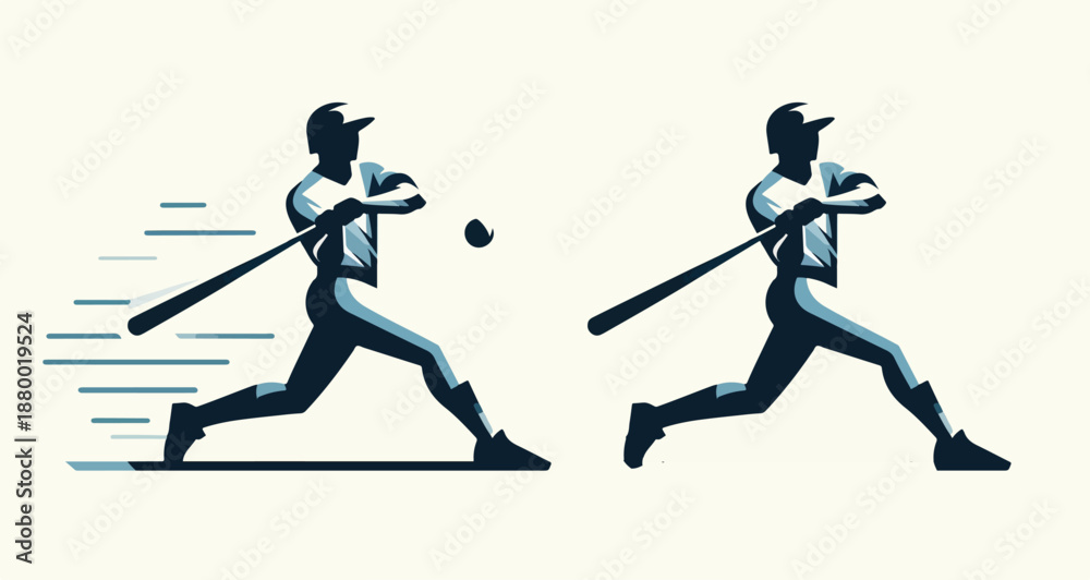 Fototapeta premium Vector set of baseball batter swinging a bat, flat vector illustration, minimalist, clean design