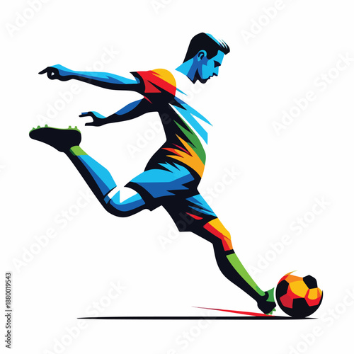 flat vector illustration of a soccer player kicking a ball, dynamic pose, solid color blocks, clean edges
