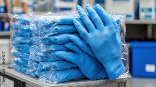 Stack of blue disposable nitrile gloves in bulk packaging ready for distribution