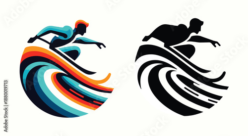 Vector set of surfer riding, flat vector illustration, minimalist design, full colour, black and white
