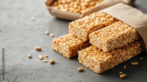Stack of crunchy sesame seed and nut energy bars arranged on a dark textured surface with scattered ingredients