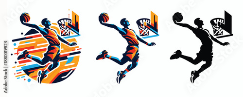 Vector set of flat vector illustration of a basketball player doing a slam dunk, bold shapes, no gradients, full colour and black and white version