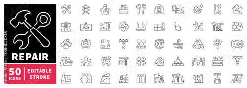 Repair tools icons set. editable line icons, outline, construction and fix symbols