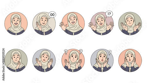 Flat vector character set of a young Muslim woman wearing a hijab, shown in circular frames with different expressions and gestures. Clean lines, soft colors, friendly style, and a white background