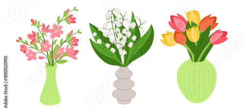 Spring flower illustration set with three colorful bouquets arranged in decorative vases on dark background. The image represents seasonal freshness, floral beauty and springtime decoration concept