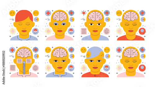 cartoon people with brains and thoughts  mental health and thinking concept