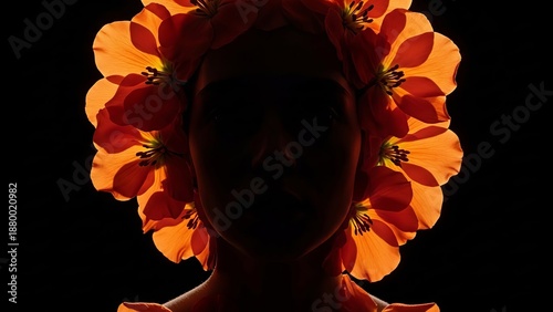 Silhouetted person wearing a vibrant floral crown illuminated from behind