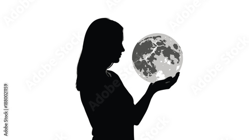 Silhouette of a woman holding a luminous cracked moon sphere in her cupped hands against white