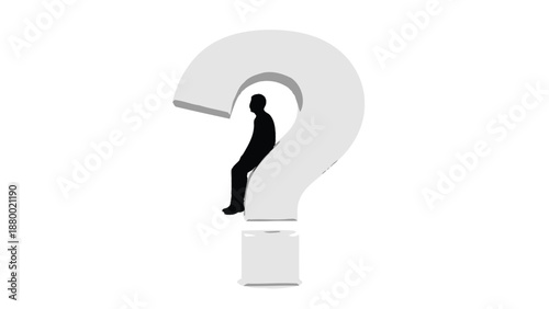 Silhouette of a person sitting thoughtfully inside a large three dimensional white question mark symbol