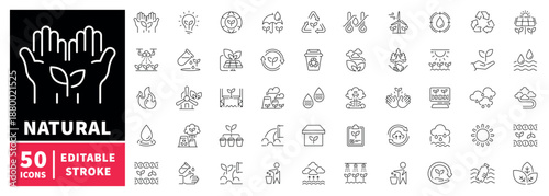 Nature and sustainability icons set. editable line icons, outline, eco symbols, green design