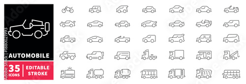 Automobile icons set. editable line icons. outline, vehicle, transport graphics