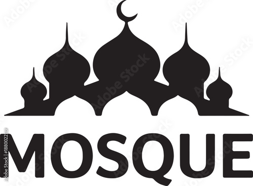 A bold black silhouette of a mosque with domes and minarets above the word Mosque