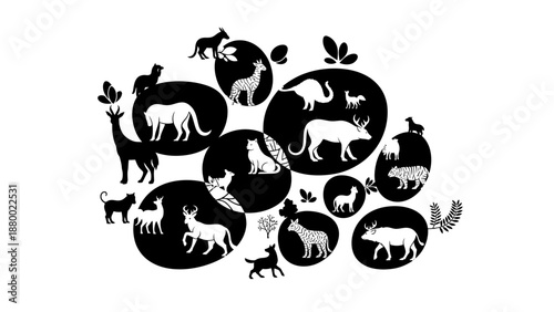 Black Silhouette of Various Animals Together.