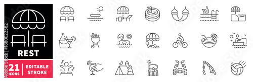 Rest and relaxation icons set. editable line icons, outline, leisure, vacation symbols