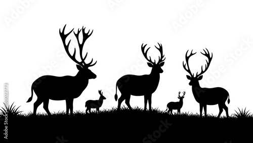 Silhouette of Deer Family with Antlers.