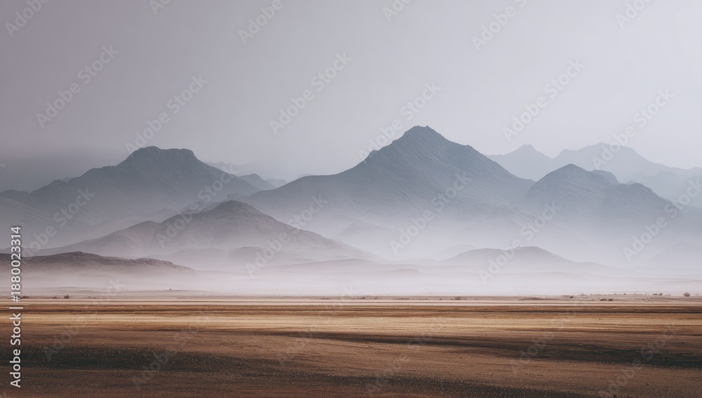 © Arkan - Misty mountain range with dry plains and hazy atmosphere in subdued colors © Arkan - Misty mountain range with dry plains and hazy atmosphere in subdued colors