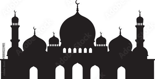 A striking black silhouette of a grand mosque featuring multiple domes and towering minarets under the sky