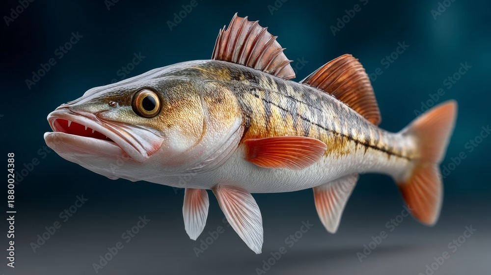 Obraz premium A fish with a mouth open and a red tail. The fish is swimming in the water. The fish is brown and orange