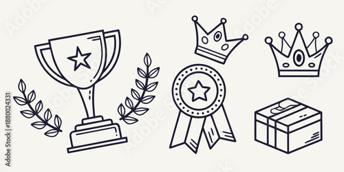 Collection of hand-drawn achievement and reward icons trophy, crowns, medal, and gift box