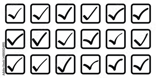 Check tick mark icon set. Cross box x check mark checkbox v list vector draw hand drawn sketch doodle brush marker checklist symbol wrong right circle. Vector Illustration, hand drawn grunge, scrabble