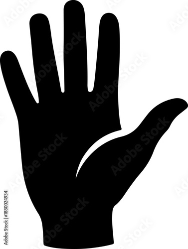 Open black hand silhouette palm facing forward representing stop or greeting gesture isolated on white background simple vector icon