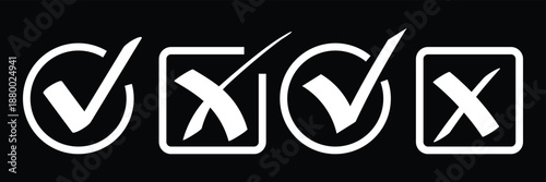 Check tick mark icon set, hand drawn doodle cross box x check mark checkbox v, sketch marker checklist symbol right and wrong set. hand drawn doodle, grunge brush vector, scrabble check mark. 