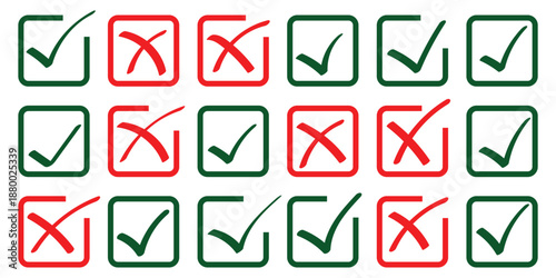 Green check mark and red cross icon set, circle and square. Tick symbol in green color. Hand drawn checkmark illustration. hand drawn doodle check mark, grunge brush vector. 
