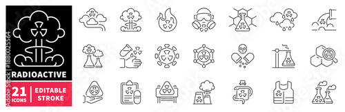 Radioactive icons set. editable line icons, linear, hazard and warning symbols