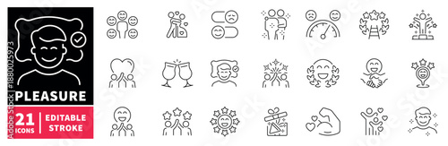 Pleasure and happiness icons set. editable line icons, outline, joy symbols