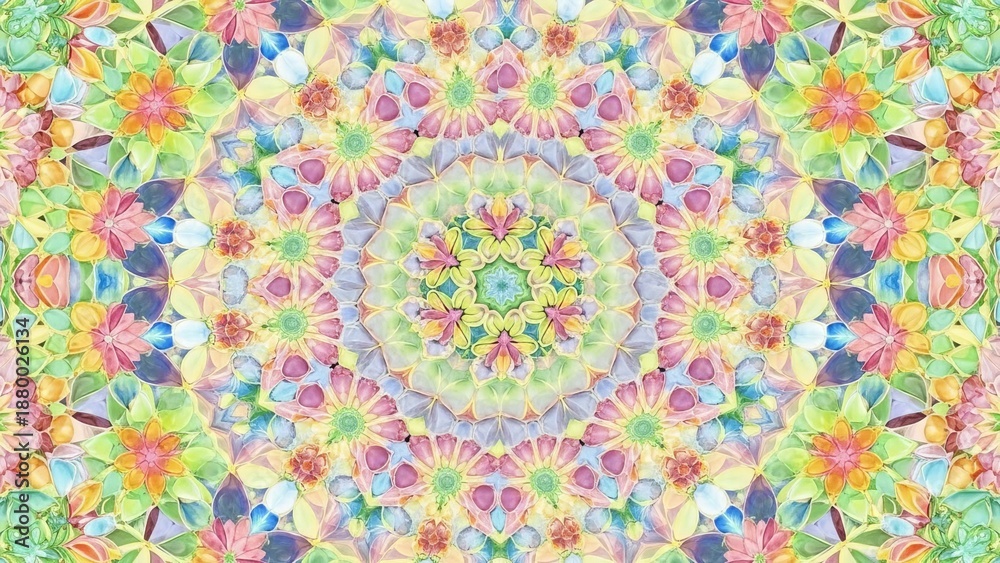 Obraz premium Vibrant kaleidoscopic floral mandala pattern with soft pastel colors, evoking a sense of peace and beauty.