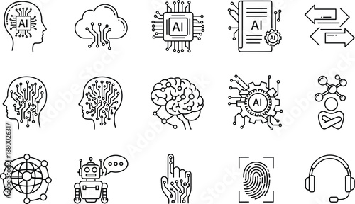 Set of artificial intelligence icons featuring neural network processing, cloud computing, robotic chatbots, digital brain circuits, fingerprint recognition, and automated technology symbols.