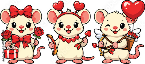 Cute Valentine Mice Characters with Hearts, Gifts and Cupid Arrows – Adorable Love Themed Cartoon Vector Illustration
